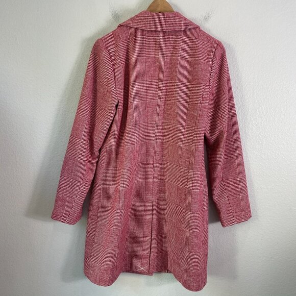 Avec Les Filles Womens Small Red White Plaid Notch Collar Trench Jacket Coat - Picture 11 of 12